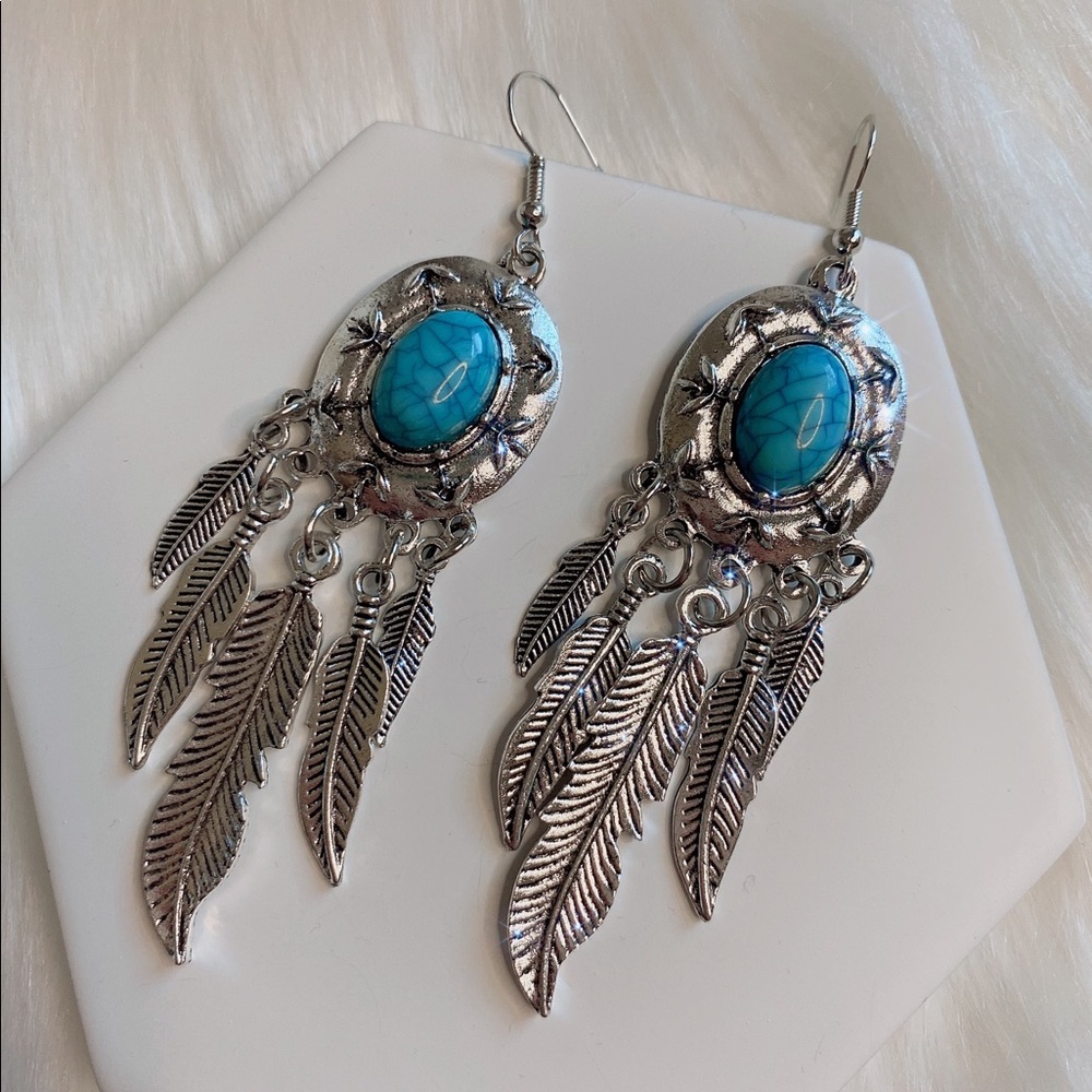 Silver Turquoise Feather Dreamcatcher Dangle Drop Earrings